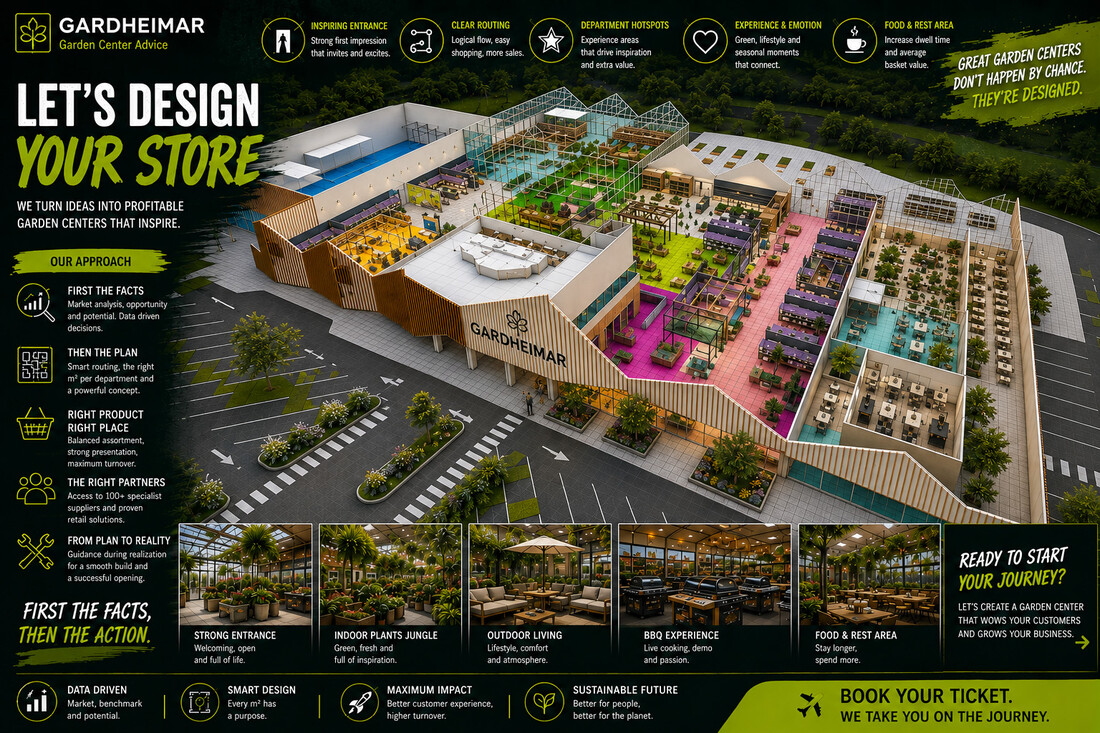3D-ontwerp van een tuincentrum met entree, hoofdroute, hotspots en horeca