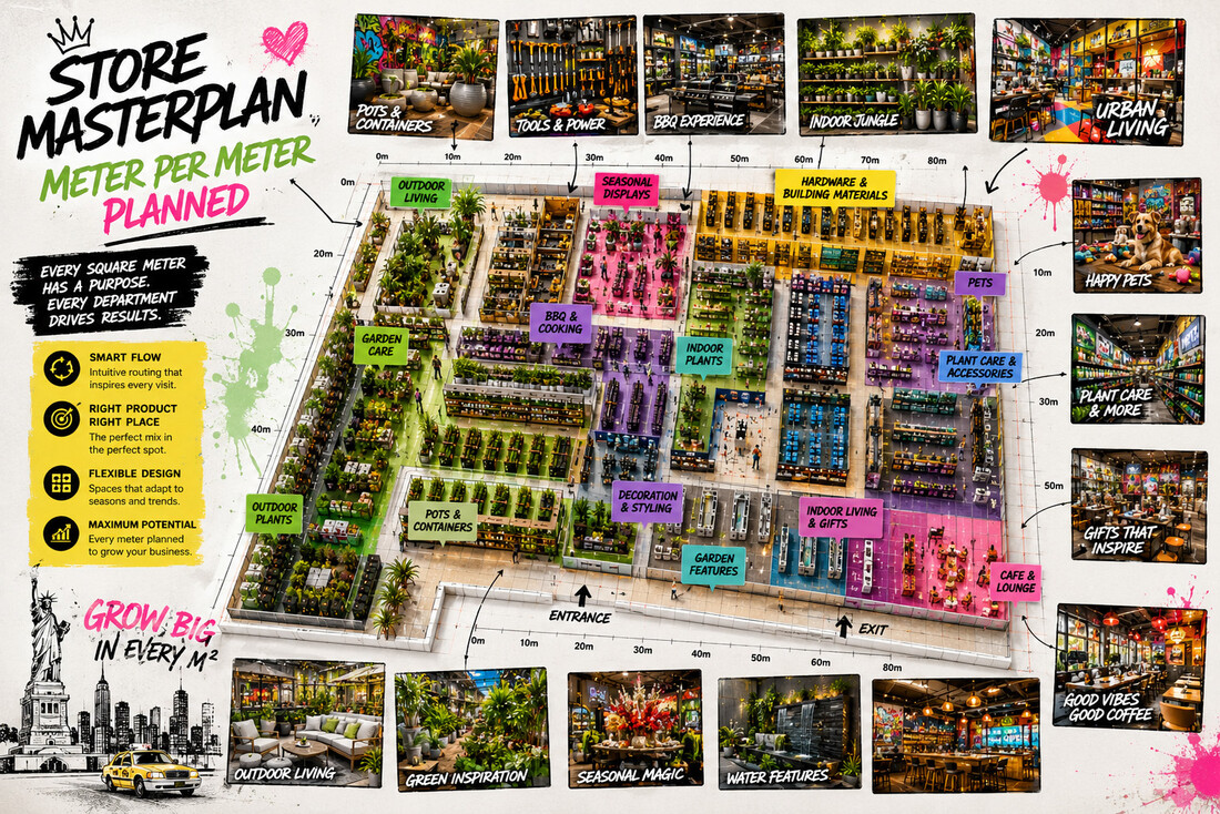 Masterplan van een tuincentrum met meters per afdeling en de bijbehorende assortimentsstrategie